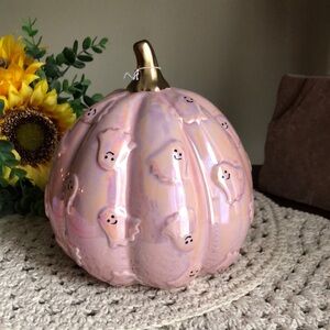 Glamorous Pink Iridescent Ceramic Pumpkin with Gold Stem